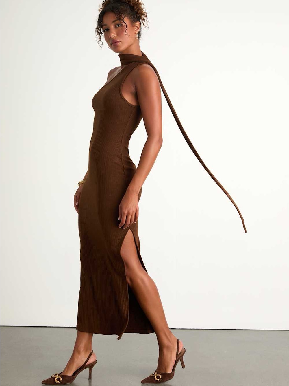 Venna Heathered Brown One-Shoulder Scarf Maxi Dress